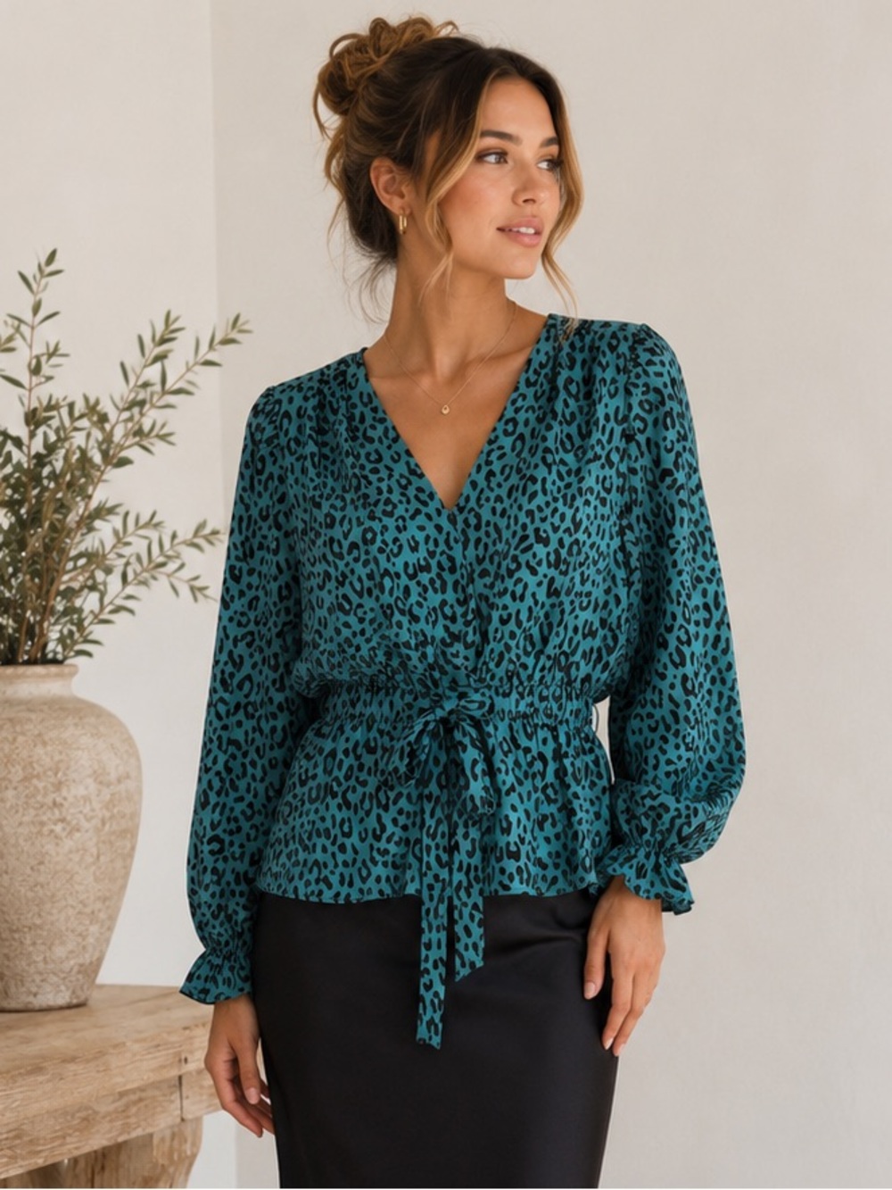 Sweet Rain Leopard Print Peplum Blouse Animal Print Boho Chic Romantic Medium